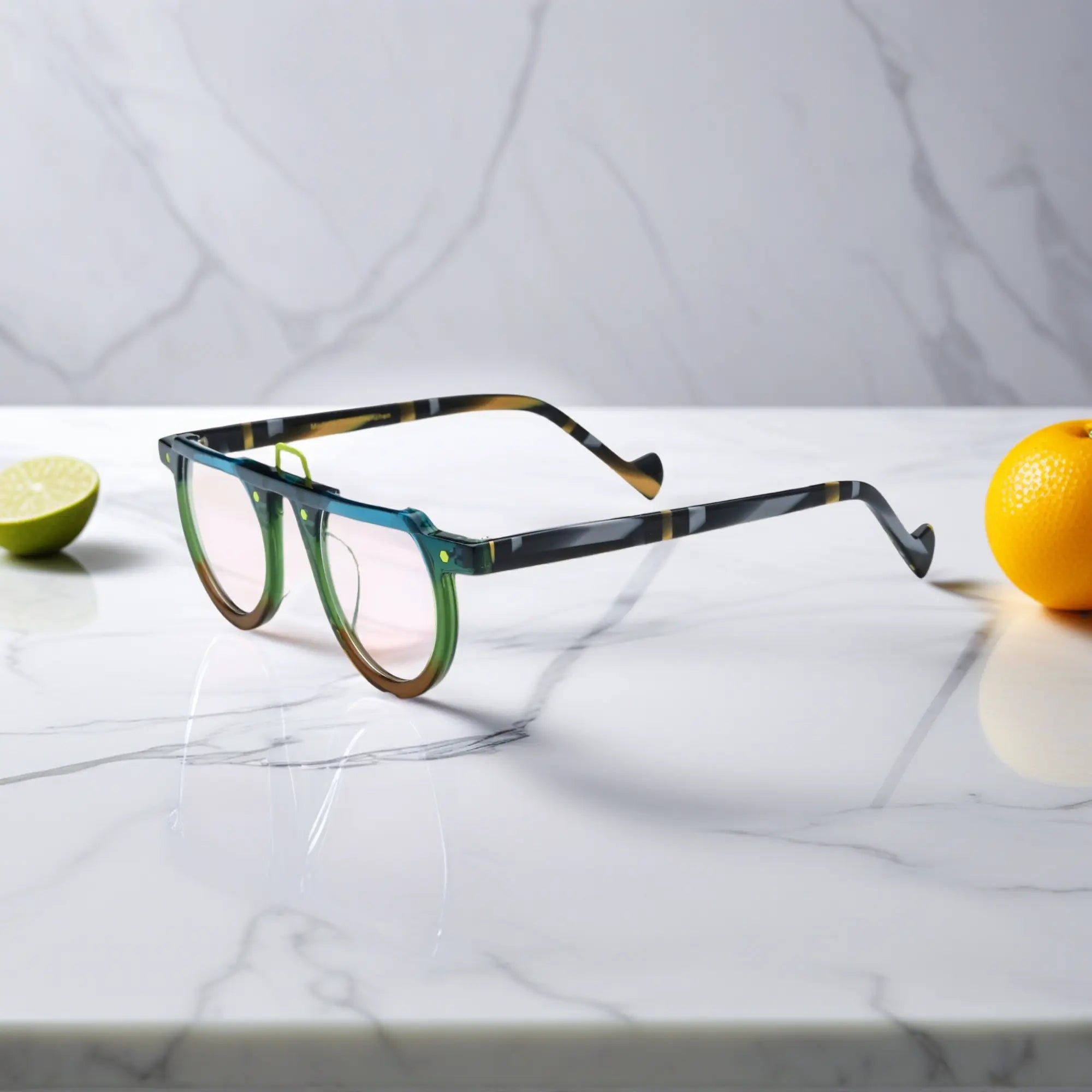 Side profile showing the bold acetate structure of the Lime Tortoiseshell round glasses